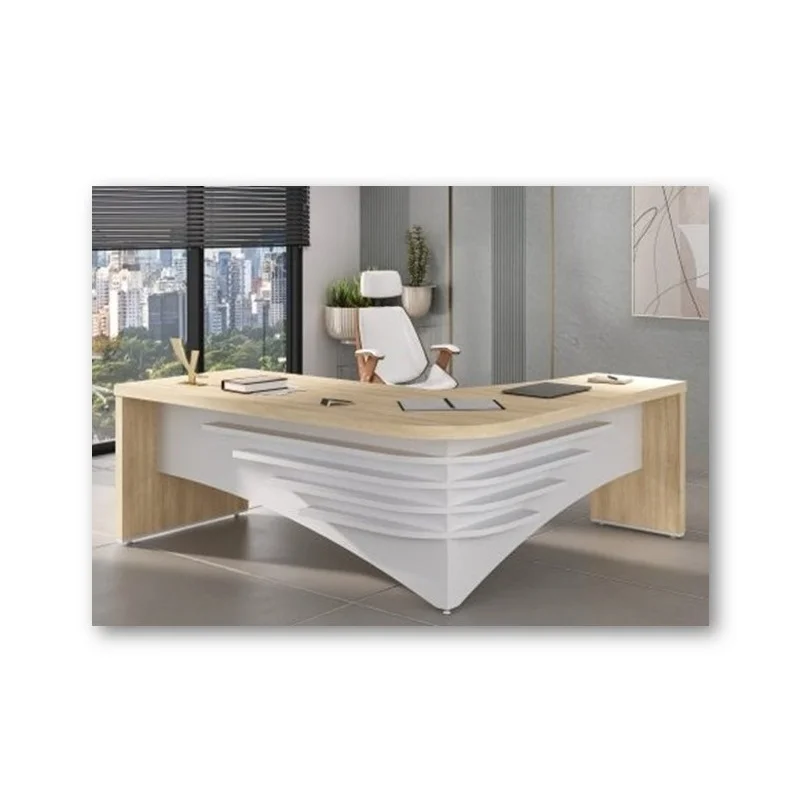 Mesa Executiva em "L" com painel frontal ripado